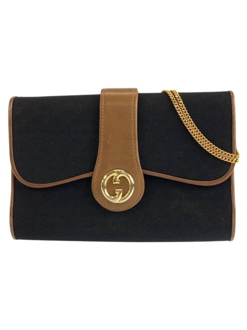 Gucci Vintage Micro GG Black Brown Gold Canvas Chain Shoulder